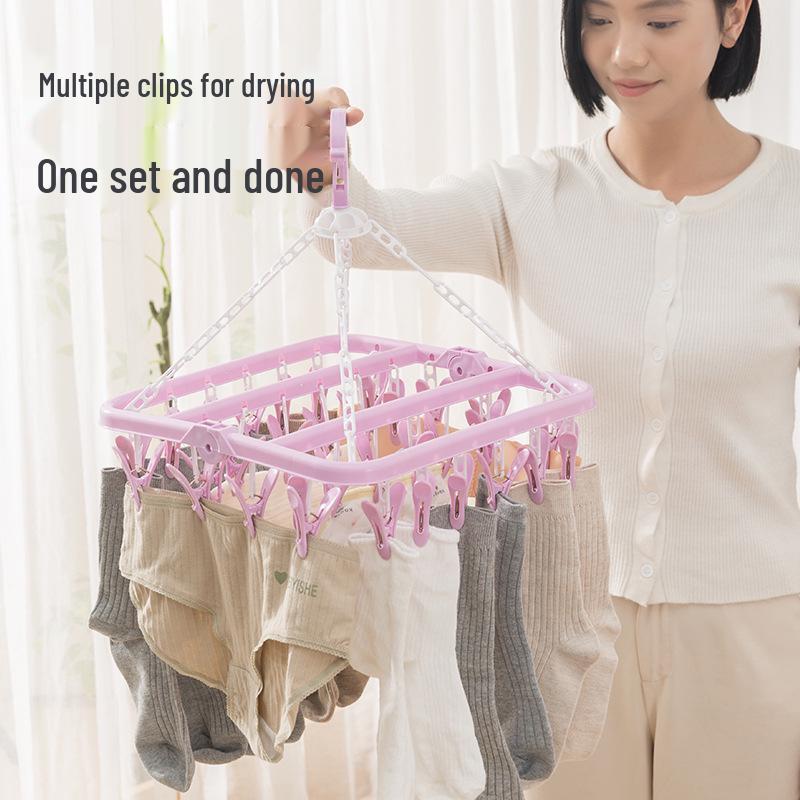 Windproof Plastic 32-Clip Multifunctional Drying Rack for Clothes and Socks, Portable for Adults and Children.
