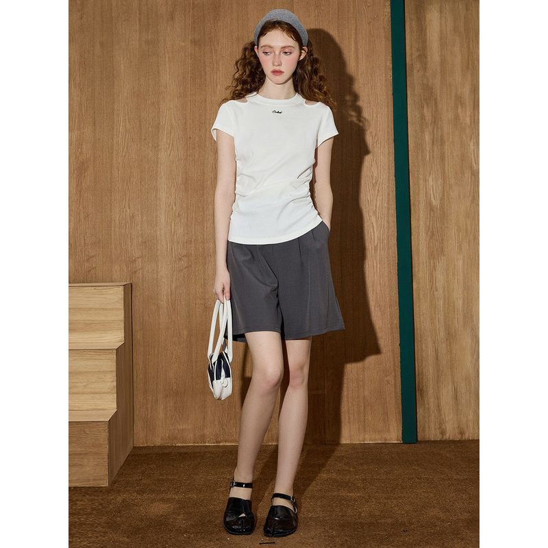 Coolhut Off-Shoulder Waist-Cinching Slimming Pleated Design Round Neck Short-Sleeved Top 2025 Summer New T-Shirt for Women