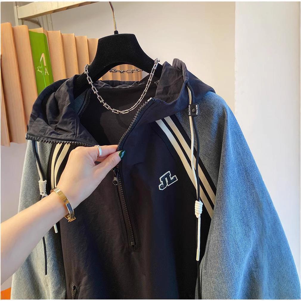 Oversized Sweatshirts for Women Patchwork Denim Streetwear Y2k Tops Ropa Mujer Hooded Contrast Color Vintage Hoodies
