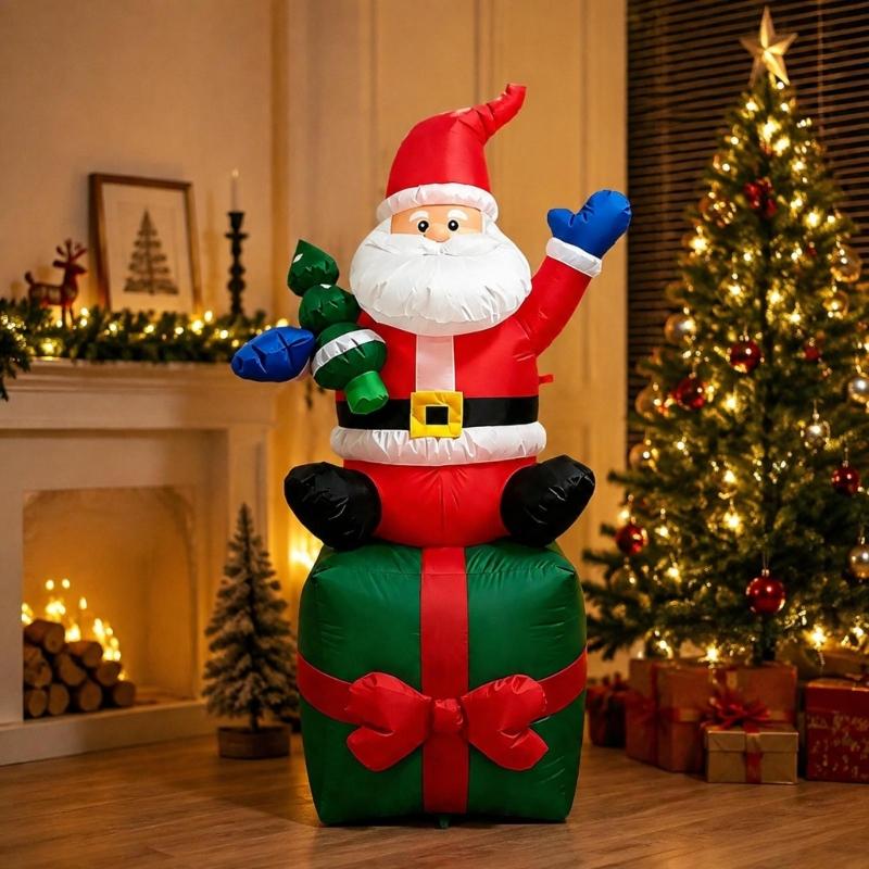 Lighted Christmas Inflatable Santa Holding Presents On a Colorful Gift, Electric Holiday Decoration for Shop Displays, Entryways, and Party Venues