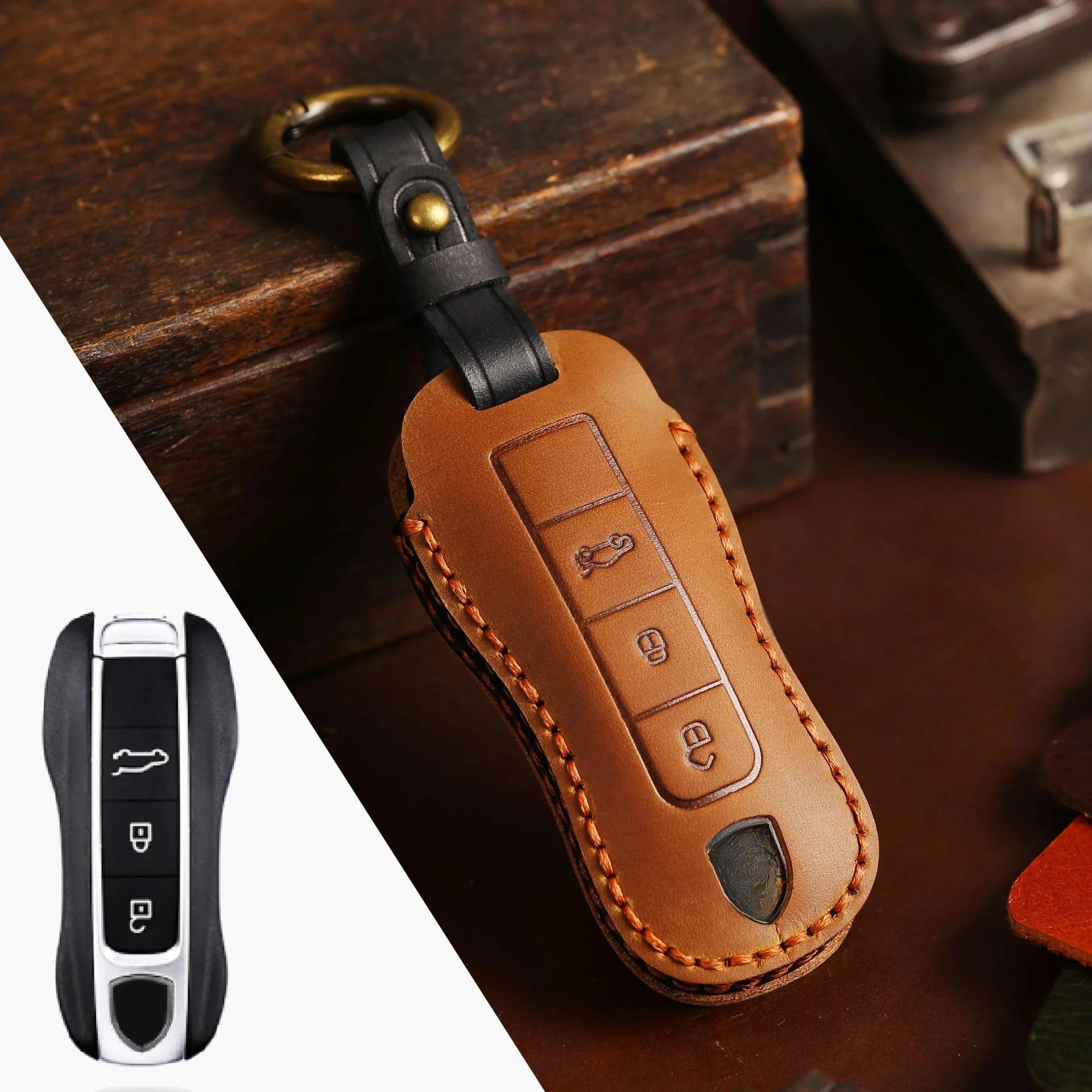 

Car Key Case Leather Protector Cover for Porsche Panamera Cayenne 971 911 9YA Macan Boxster Smart Remote Keychain Accessories коричневий