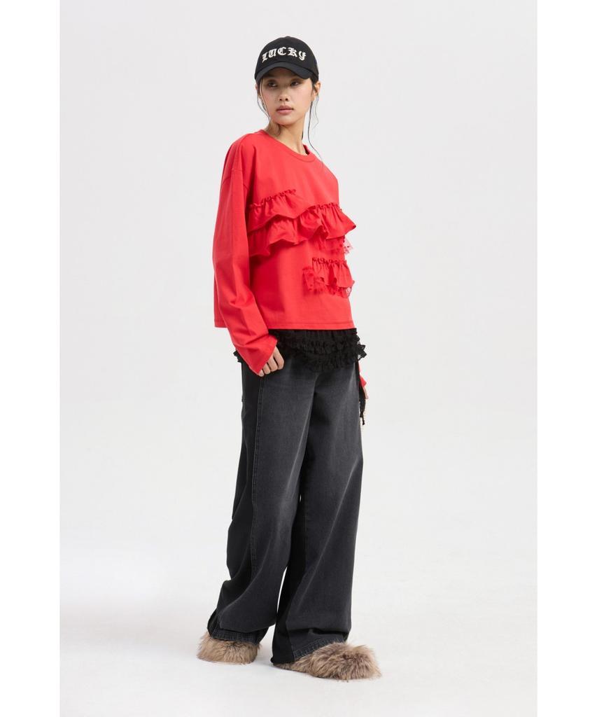 LUCKY CHOUETTE Frill Point Standard Fit Long Sleeve T-Shirt (Red) Lftaw25420Rex