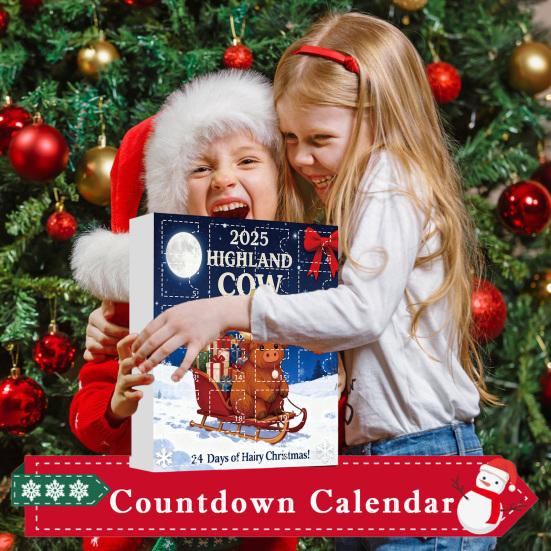 Highlandská kráva Adventní kalendář 2025 24denní krabička pro odpočítávání Vánoc s ozdobami Multifunkční dekorace na stromeček a sváteční zábava pro děti