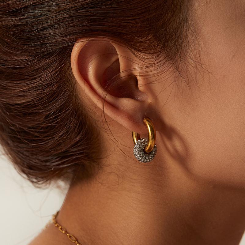 Classic Women's Hoop Earrings Stainless Steel Crystal Rhinestone Round Geometric Gold Silver Color Vintage Jewelry Party Gift