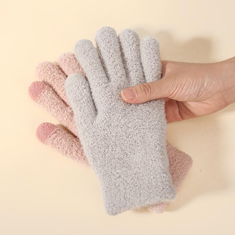 Autumn and winter women's warm and cold-proof knitted gloves plush wool thickened double-layer outdoor touch screen thickened warm