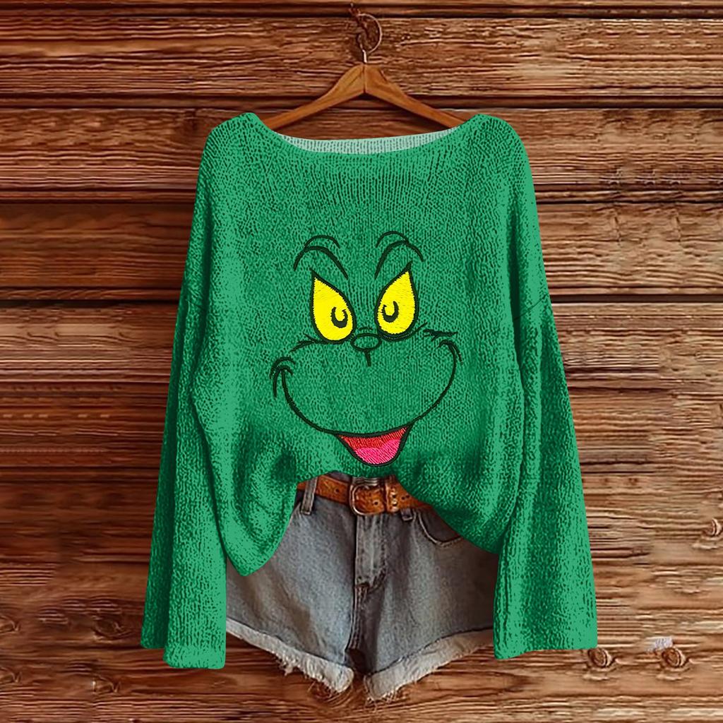 Women's Round Neck Lightweight Sweater Casual Long Sleeve Christmas Print Knit Pullover.