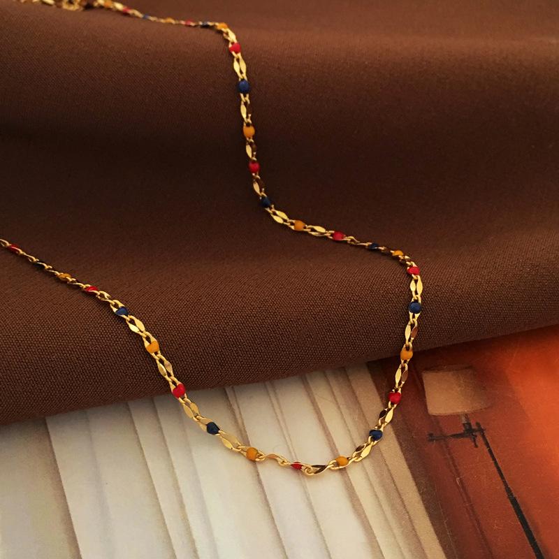 Copper Plated Gold Retro Color Block Drip Oil Necklace - Fashionable Jewelry Clavicle Chain