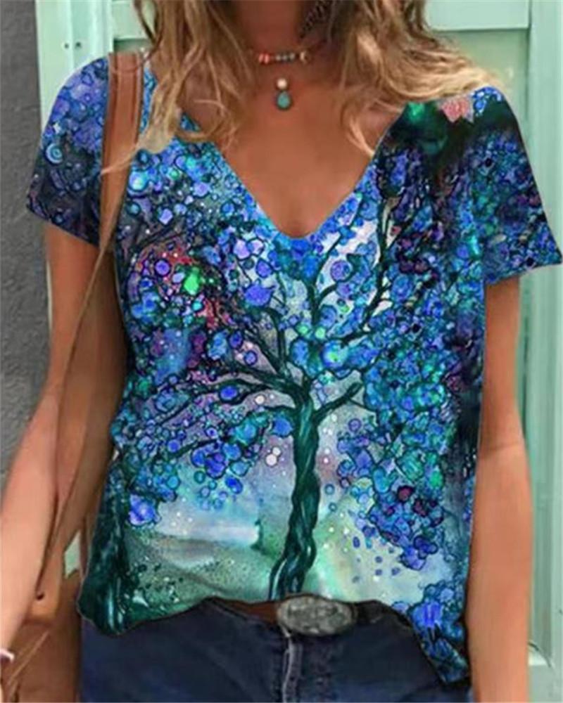 Summer Women's New Amazon Painted V-neck Printed Short Sleeved T-shirt