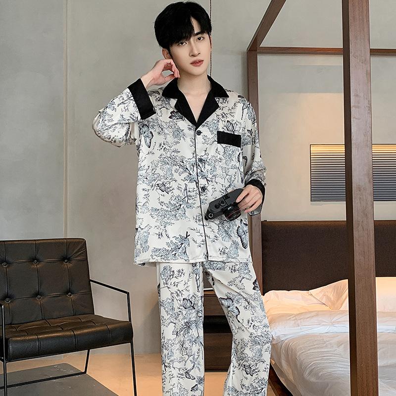 Ink Wash Painting Men Pajamas Suit Ice Silk Thin Summer Short-sleeved Satin National Style Loungewear Loose Sleepwear Male Gift