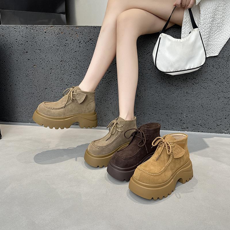 Muffin thick-soled Martin boots women's 2025 autumn new leather inner heightening women's boots retro suede casual short boots