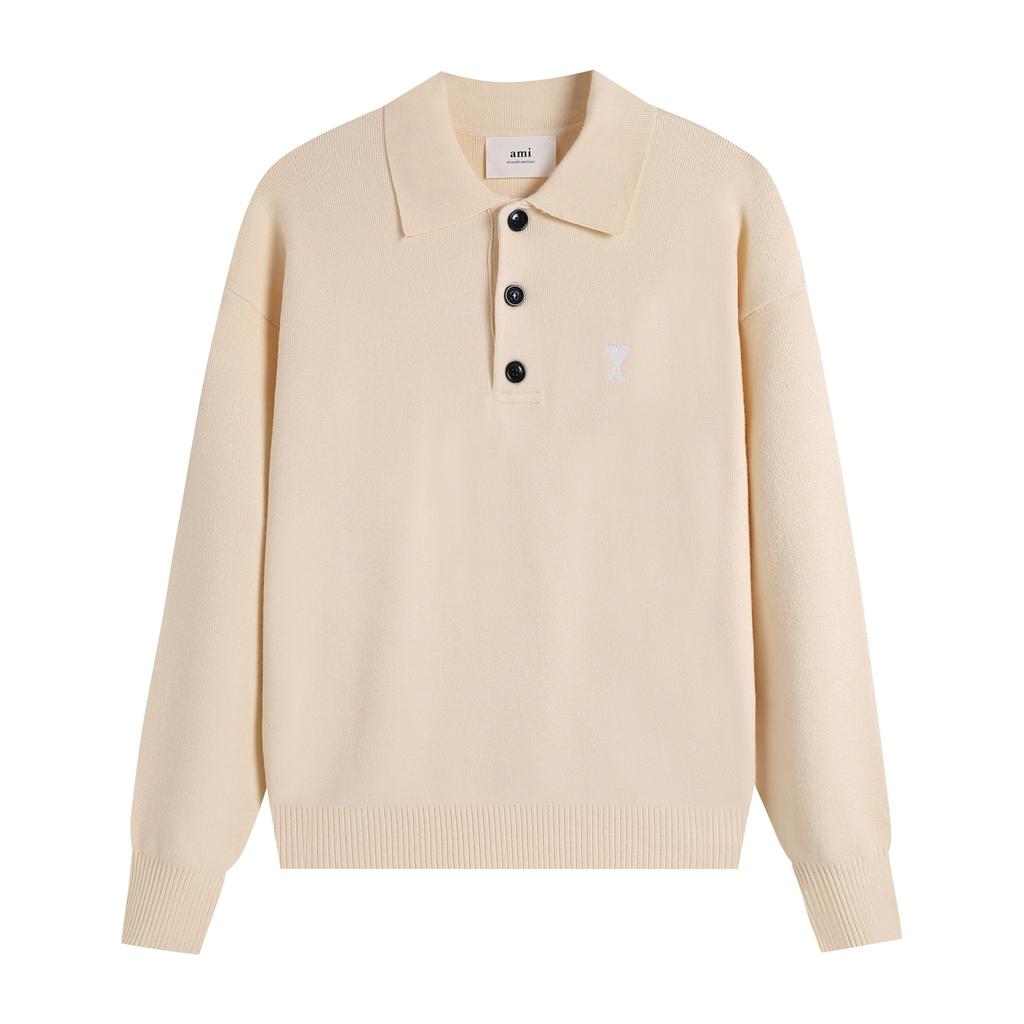 AMI New Polo Collar Knitted Sweater Jacquard Couple Wool Sweater Classic Small White Heart Embroidery