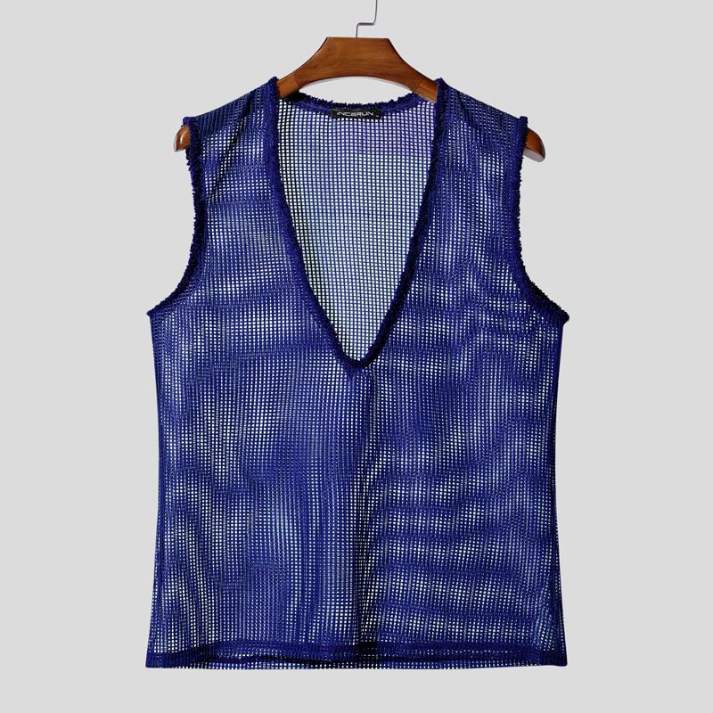 

INCERUN Men Deep V Neck Sleeveless See Through Hollow Mesh Tank Tops 5XL синий