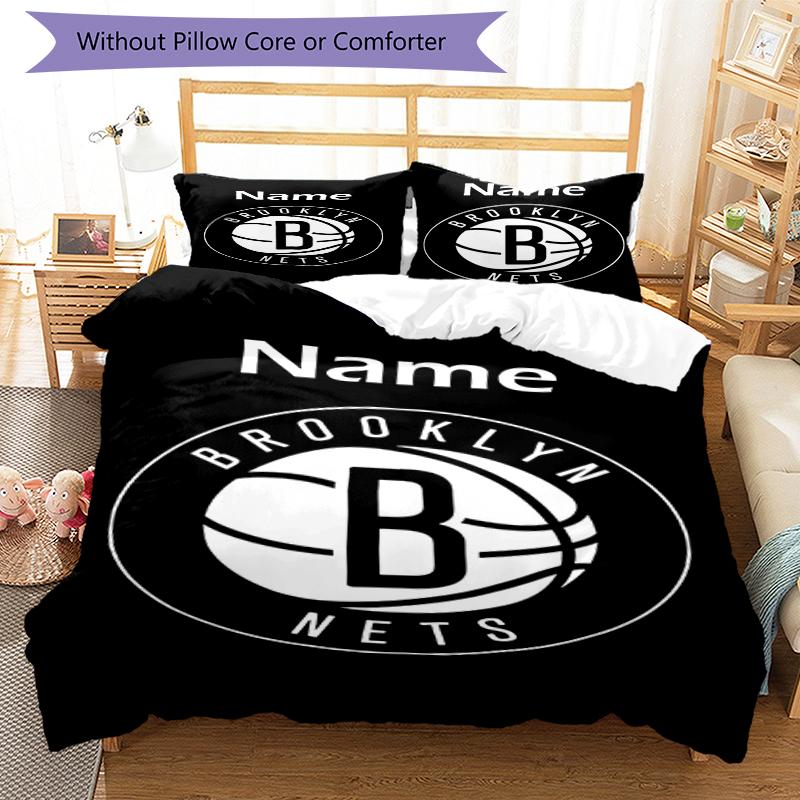 3pcs Custom Name Brooklyn Nets Bedding Set Duvet Cover Closure Includes 1 Duvet Cover & 2 Pillowcases, Soft and Comfortable for All Seasons.
