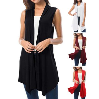Women Sleeveless Cardigan Vest Summer Solid Color Open Front Draped Mid-length Asymmetric Hem Waistcoat Lightweight Coat