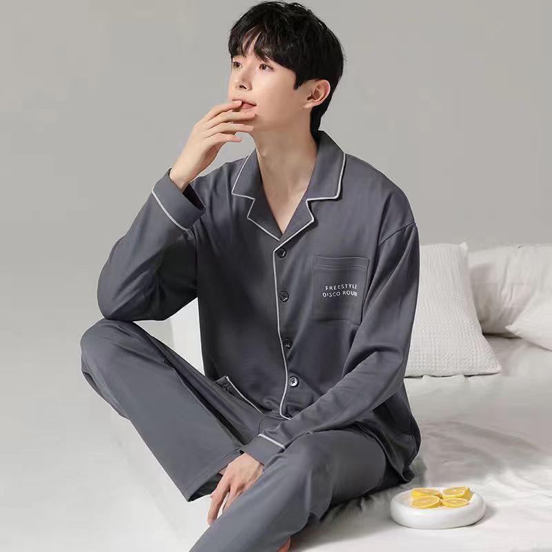 Men's 100% Cotton Pajama Set for Spring & Autumn: Long Sleeve, Long Pants, Versatile Outdoor Wear