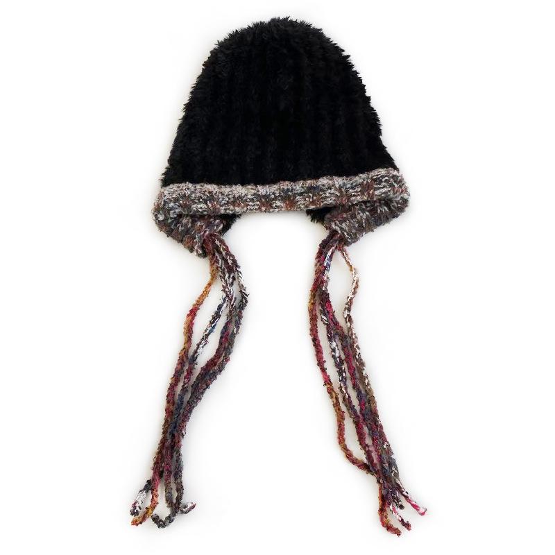 Cat Brother Women s Korean Style Plush Knitted Hat - Autumn/Winter Color Block Drawstring Wool Hat