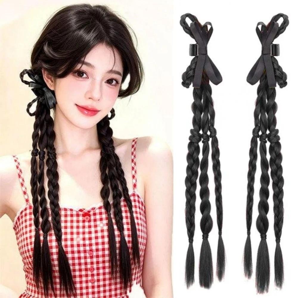 2pcs Sweet Twist Braid Hairpiece Handmade Girls Bow Wig Hairbands  for Women