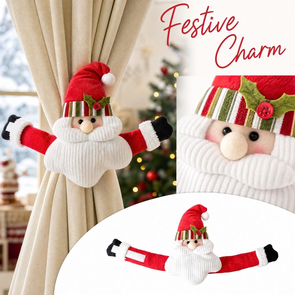 Fabric Curtain Tiebacks and Snowman Doll Design for Christmas Holiday Window Decoration