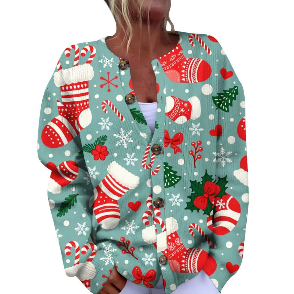 Women's Fashion Christmas Printed Long Sleeve Knitted Cardigan Button Down Jacket