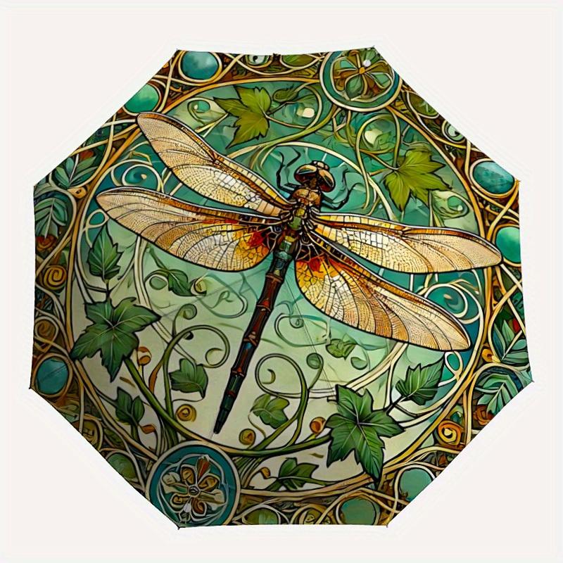 1pc Dragonfly Nature Automatic Open/Close Umbrella with Windproof, Functional Design, 8-Rib Sturdy Canopy