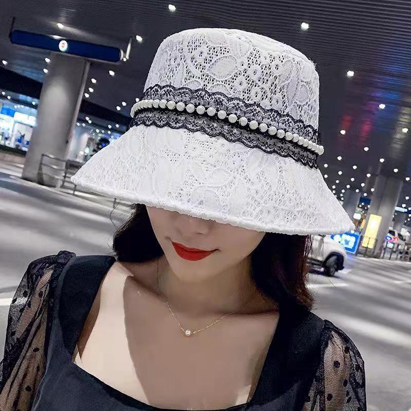 Spring and summer breathable retro pearl bucket hat women's breathable fashion versatile lace basin hat shopping sun hat versatile