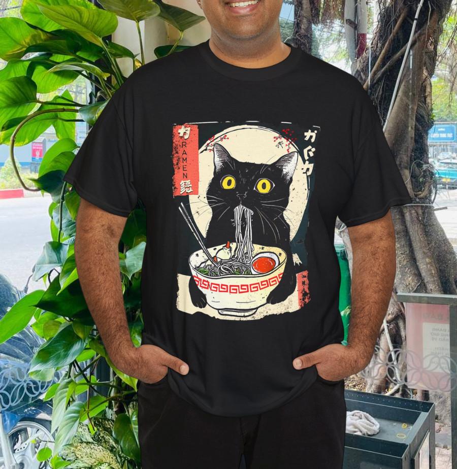 

Kawaii Cat Eating Ramen Noodles Funny Anime Gift Girls Teens T-Shirt L