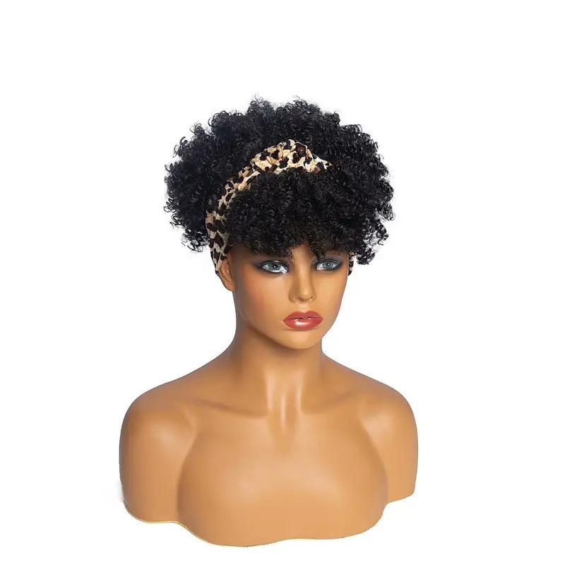 Synthetische Afro-Kopfband-Perücken Lockige Haare Perücke mit Pony Kopfband-Perücke Kurze Colly-Faser für Schwarze Frauen Turban-Wickel-Perücke Tägliche Anwendung