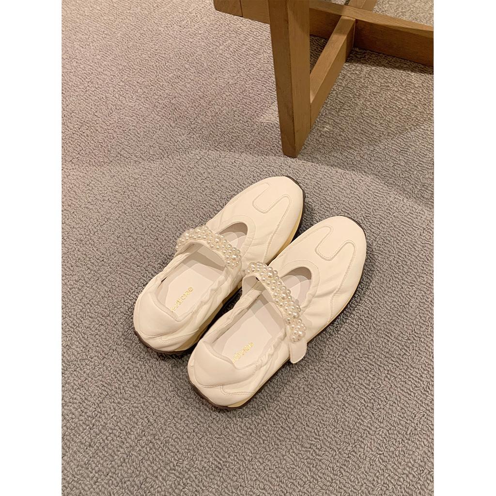 Cowhide grape mother same ballet pearl moral training shoes women's Velcro inner height increase Mary Jane shoes casual sports shoes
