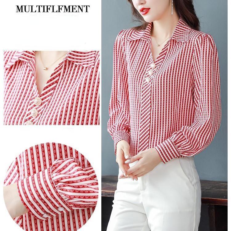 Camicia a Righe Blusa Donna Maniche Lunghe Casual Moda Estiva Chiffon Bottoni Top