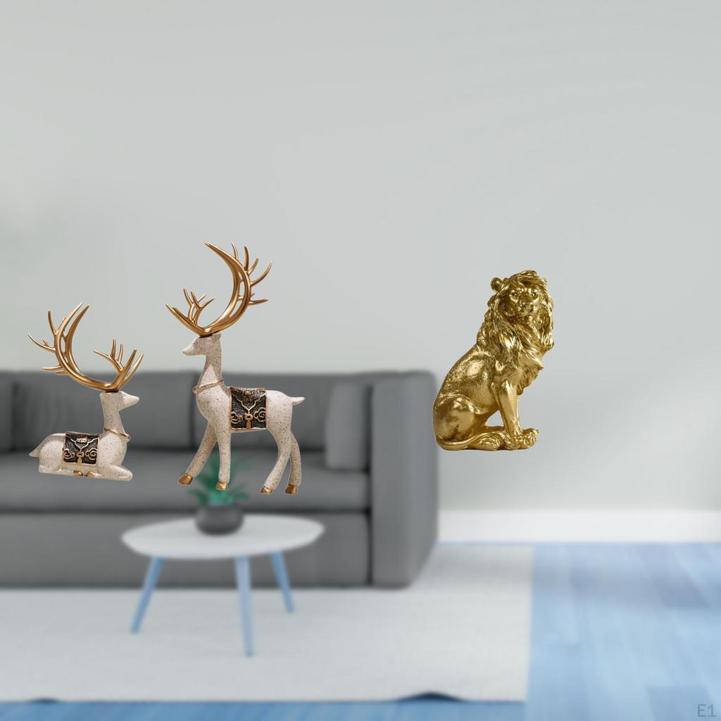 Elegant Reindeer And Lion Figurine Set Sculpture Ornaments for Home Office Living Room Desk