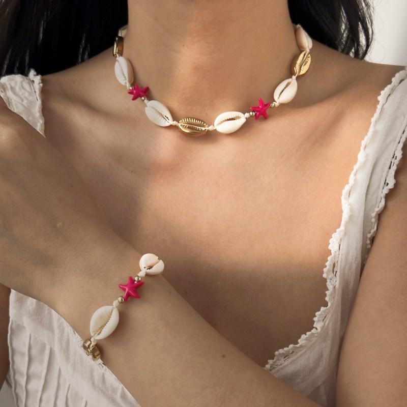 

Bohemian Starfish Shell Charms Bracelet Necklace Set For Women Summer Beach Hand Woven Rope Necklace Vacation Party Jewelry Gift