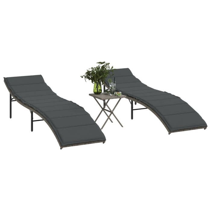 VidaXL Lot de 2 Chaises Longues avec Table, Bain de Soleil, Transat de Terrasse, Siège de Jardin Patio Extérieur, Gris 368253