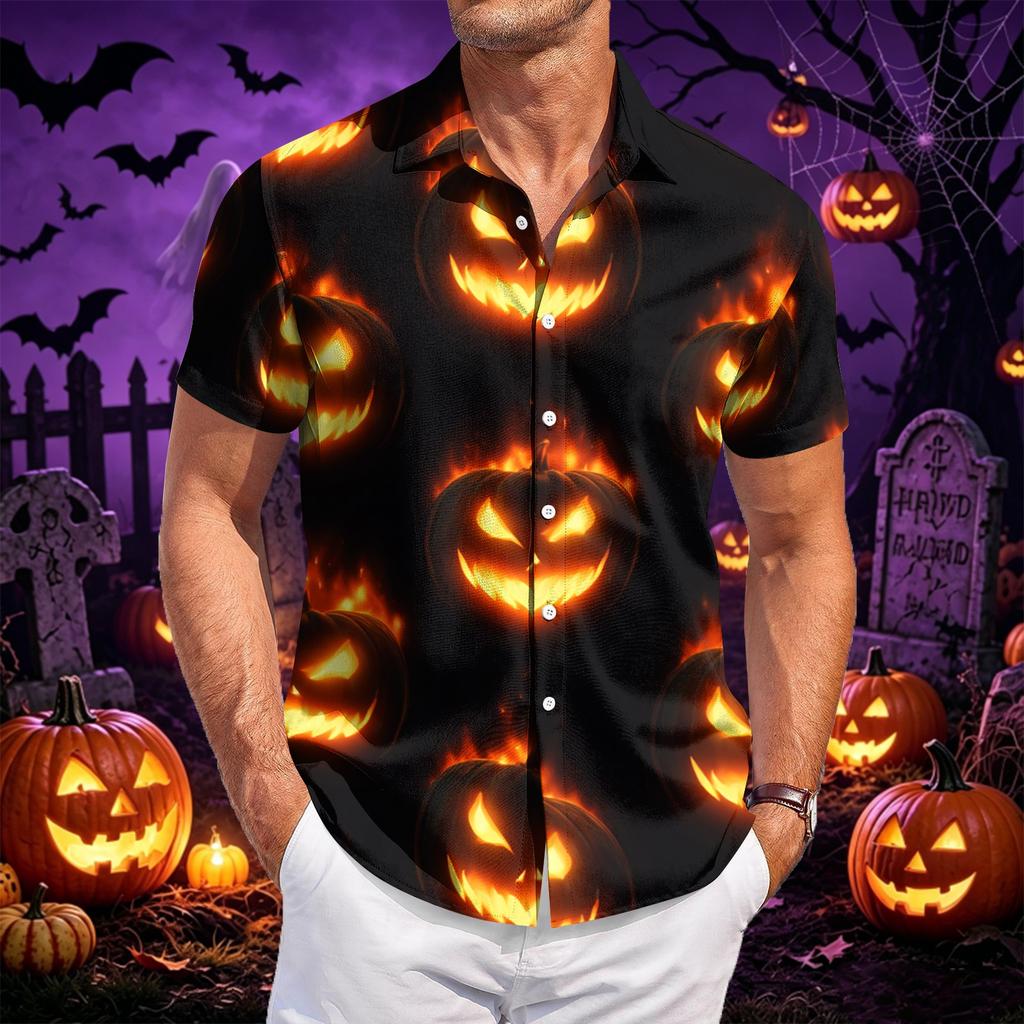 Men's Casual Short Sleeve Shirt Button Down Lightweight Breathable Fabric Halloween Bat Print Shirt for Summer Beach Party