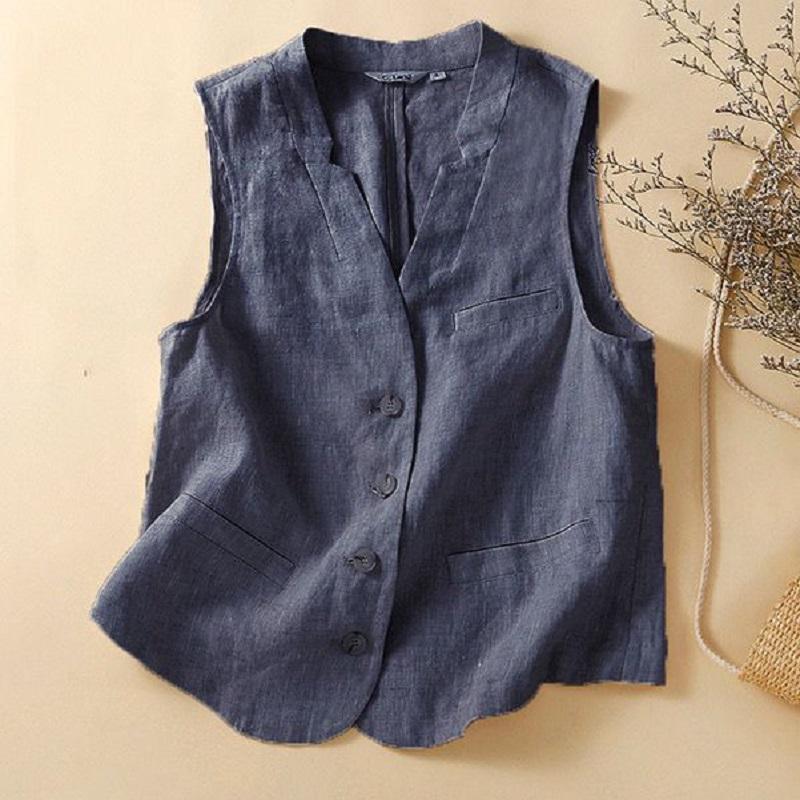 Women s Retro Cotton and Linen Waistcoat V-neck Vest Summer Casual Slimming Sleeveless Vest S синий