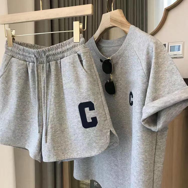 Korean Style Women's Summer Two-Piece Set: Loose Short Sleeve T-Shirt & Casual Sporty Print Shorts