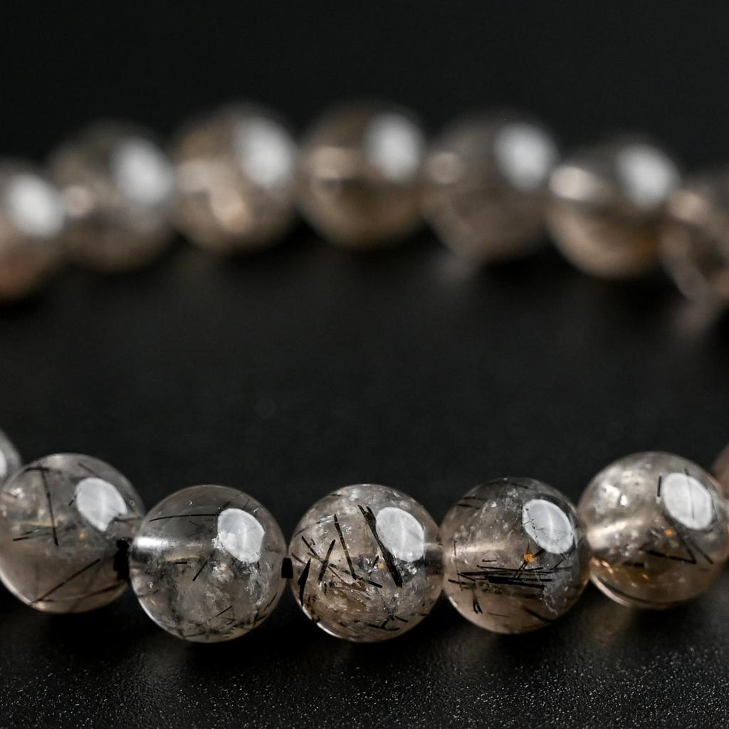 Black Smoky Rutilated Quartz Bracelet Tourmaline in 16cm Wrist Limited Natural Power Prayer Good Luck Feng Shui [Eigado] (Black Quartz) 8.5mm Stone,