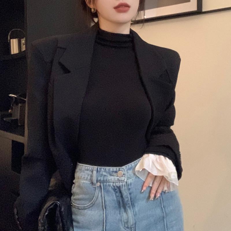 2025 Fall/Winter Black Thermal Ruffle Sleeve Slim Fit Long-Sleeved Top for Women