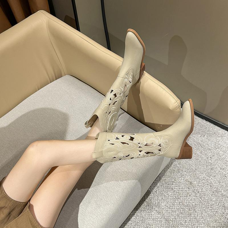 Fashion Women's Boots Trend 2024 Pointed Toe Mid-Calf Western Cowboy Boots for Women Embroidery Hollow Autumn PU Leather Female Shoes