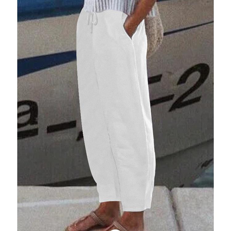 Women's Elastic Waist Linen Pants Loose Fit Casual Trousers Solid Color Pocket Harem Pants