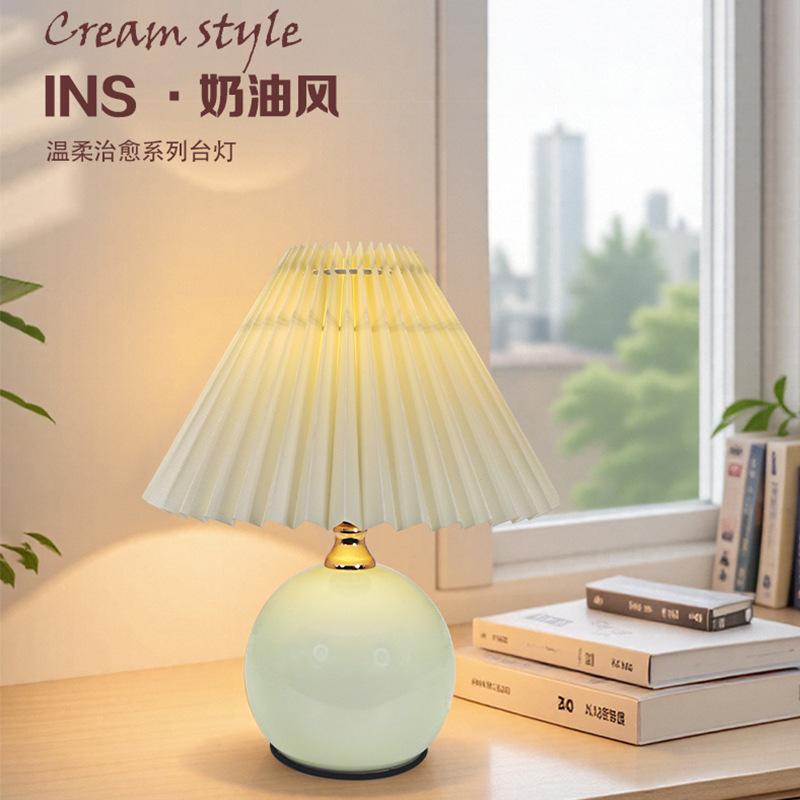 Pleated Cream-Style Table Lamp, Bedroom Bedside Lamp, Nordic Night Light, Dimmable Eye-Caring Lamp for Amazon