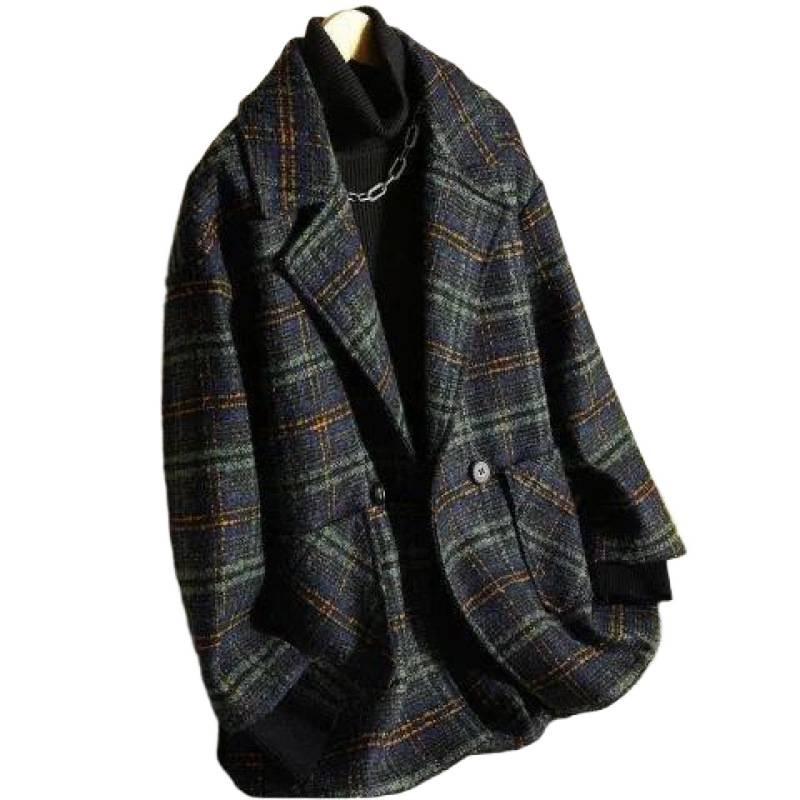 New Plaid Suit Woolen Jacket Autumn and Winter Women's Korean Version Loose Retro Plaid Medium and Long