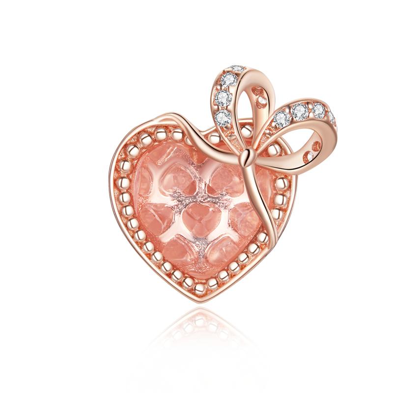 BISAER 925 Silver Rose Gold Charm Bead Heart Flower Pendant For Girl Bracelet DIY Mother's Day Birthday Fine Jewelry