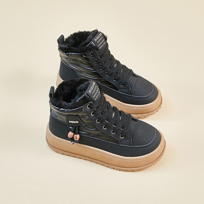 Fleece høye snøstøvler for kvinners vinter nye student ins varme avslappede høydeøkende bomullssko K