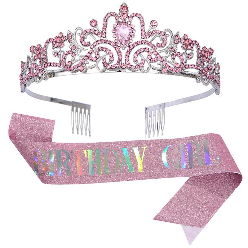 European and American Fashion Crystal Crown Belt Etiquette Wear Birthday Headwear Crown Birthday Girl Sash Set