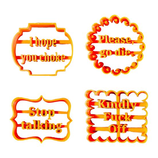 

Yousheng 4Pcs/Set Curse Words Cookie Cutter Mold Non-stick I Hope You Choke Stop Talking Swear Vulgar Words Fondant Biscuit Cutting Mold Kitchen Tools 4pcs
