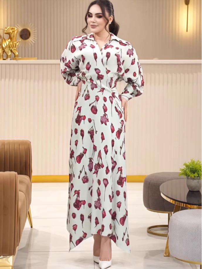 2025 Autumn Waist-Slimming Print Long Dress: European & American Fashion