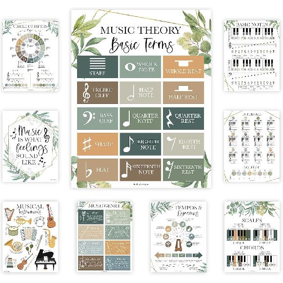 Hadley Designs Music Classroom Decor –9 Music Classroom Posters Elementary, Choir & Solfege Posters, Solfege Hand Signs & Musical truments Bulletin Geo Greenery