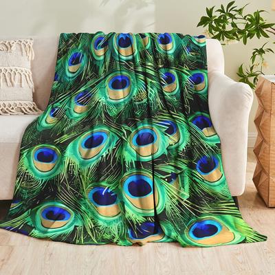 1pc Printed Peacock Feather Flannel Blanket, Luxurious, Soft, Warm, Skin-Friendly, Comfortable, and Thermal. An Essential Small Throw Blanket for Crea