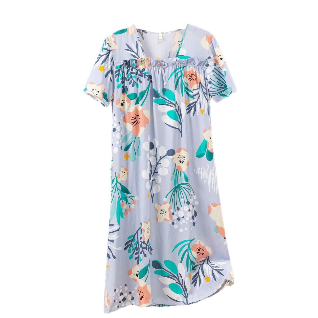Plus Size Cotton-Silk Cartoon Floral Pajama Dress: Lightweight, Loose-Fit, Summer Homewear