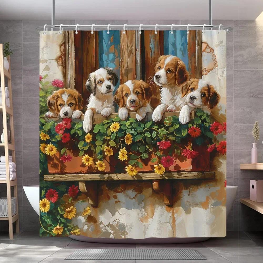 Funny Dog Shower Curtain Popular Cute Pet Oil Painting Art Creation Polyester Fabric Shower Curtains Bathroom Decor With Hooks